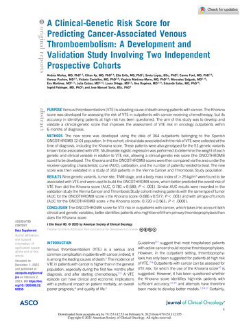 Muñoz et al Clinical Genetic Score Risk for VTE in cancer patients JCO